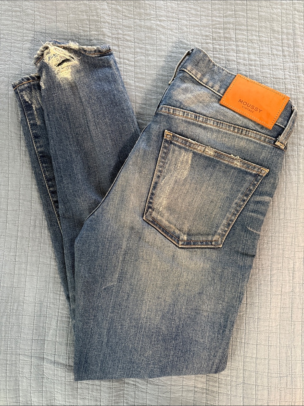 Moussy Light-Mid Blue Slim Straight Jeans with Distressed Detail